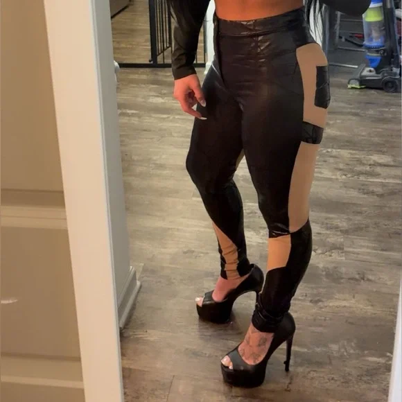 BLACK FAUX LEATHER MESH NUDE ILLUSION CUT OUT PANTS - Picture 4 of 5